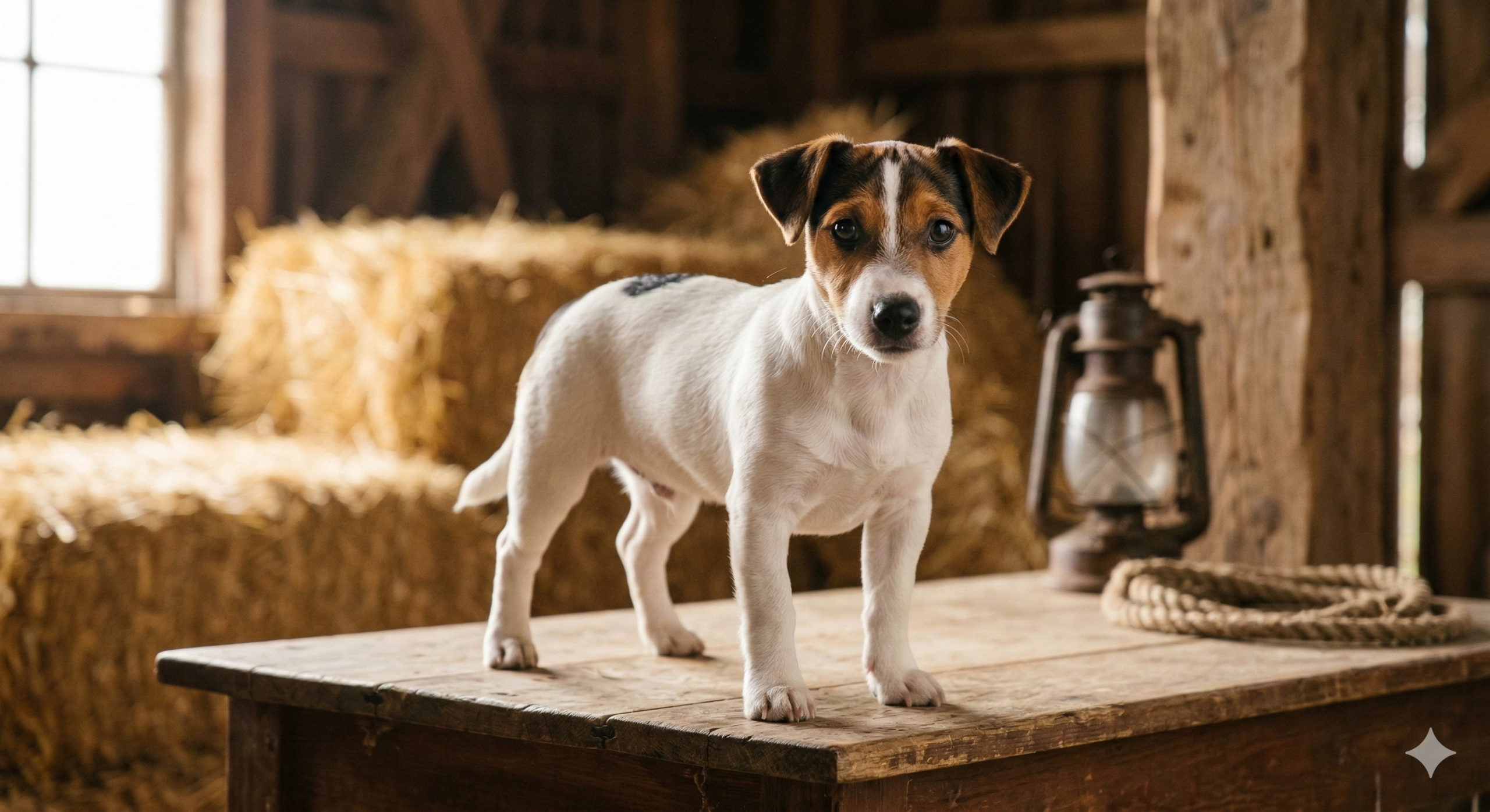un cachorro de Jack Russell Común de pelo liso bicolor (blanco y tan) muy equilibrado, de pie sobre una mesa de madera rústica en un granero soleado.