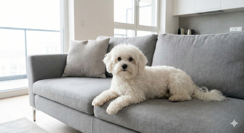 Bichón Maltés descansando en el sofá, considerado una de las mejores razas de perro para pisos por su tranquilidad.