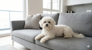 venta de cachorros MilCachorros Bichón Maltés descansando en el sofá, considerado una de las mejores razas de perro para pisos por su tranquilidad.