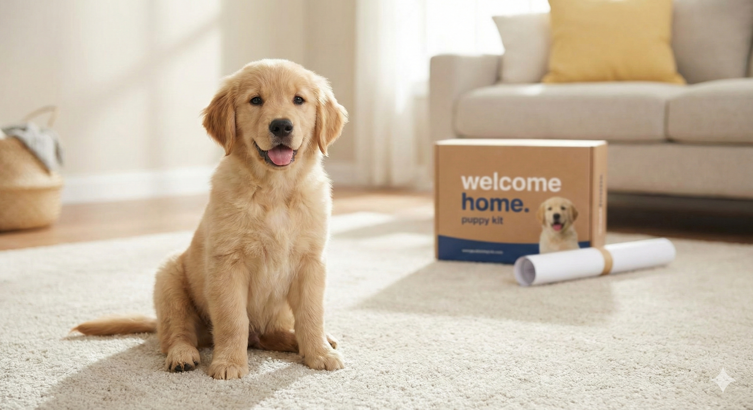 Cachorro de Golden Retriever sano y feliz sentado en una alfombra en un salón soleado, con una caja de "kit de bienvenida a casa" y un diploma enrollado al fondo.