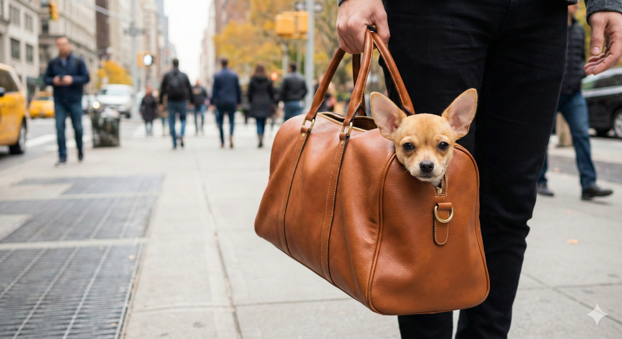 Chihuahua en bolso de transporte, ejemplo de las mejores razas de perro para pisos pequeños y viajes urbanos.