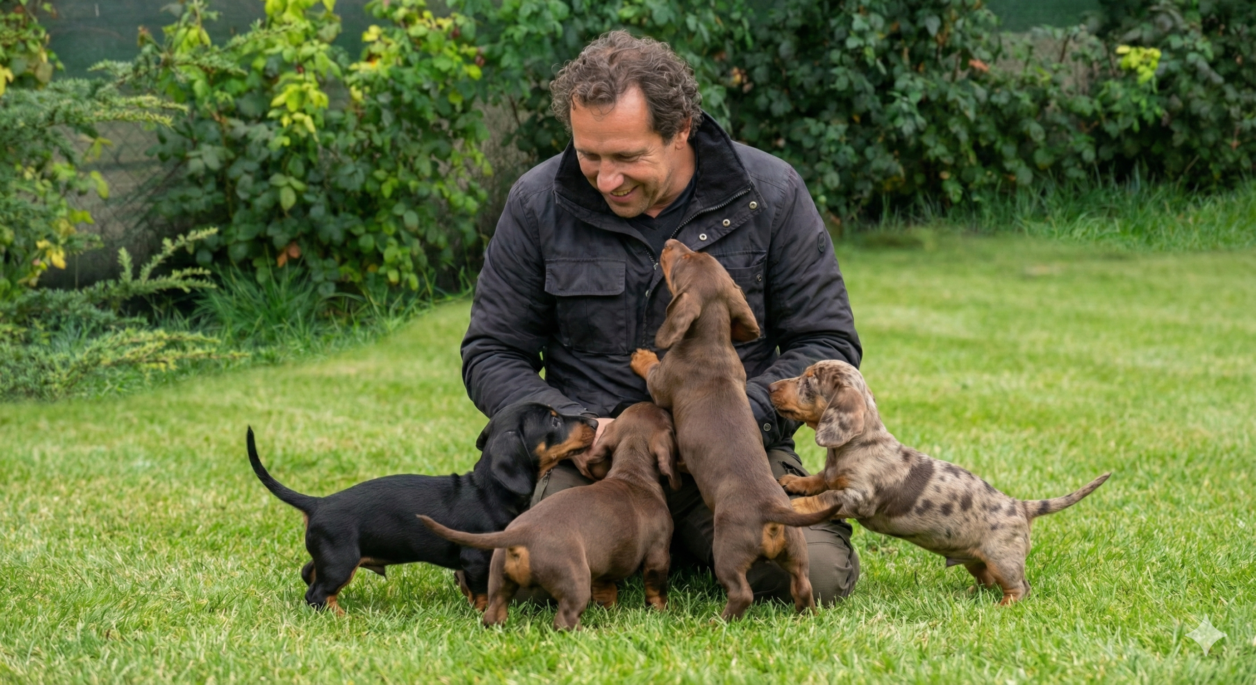 Grupo de cuatro cachorros de Teckel (negro y fuego, chocolate y arlequín) jugando en el jardín con una mano acariciando a uno.