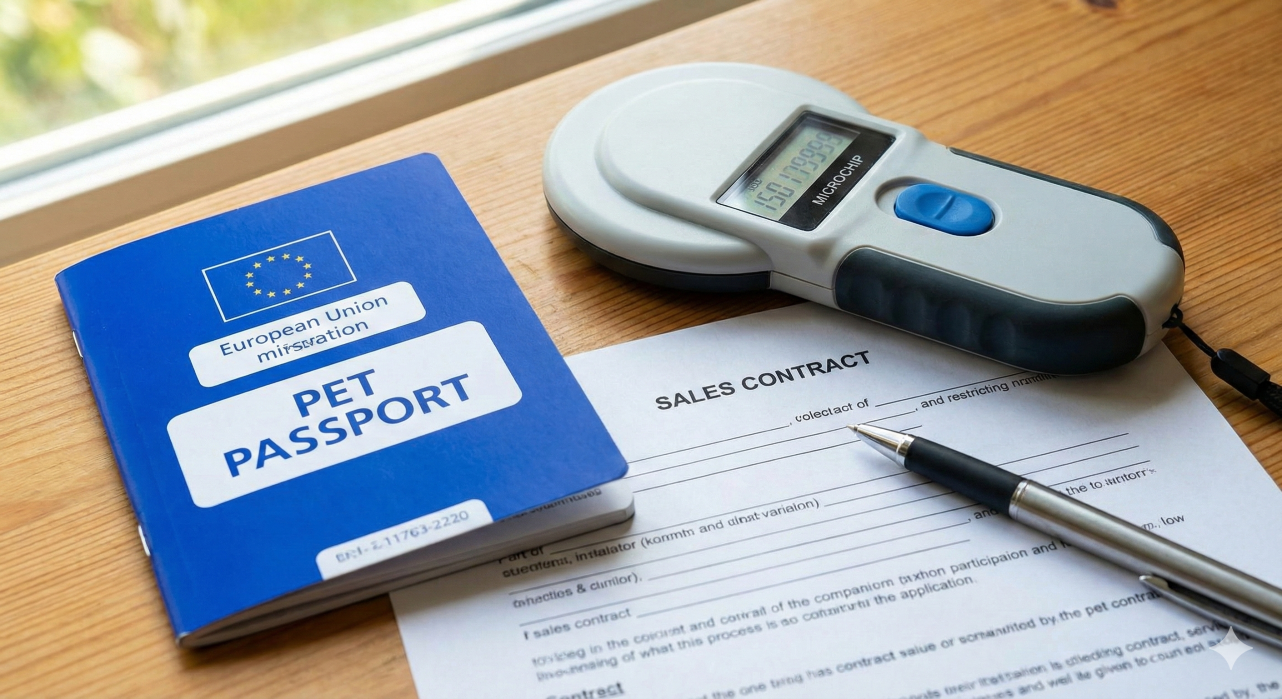 Primer plano de los documentos legales para comprar un perro: Pasaporte Europeo para mascotas azul, un lector de microchip mostrando el número de identificación, un contrato de compraventa y un bolígrafo sobre una mesa de madera.