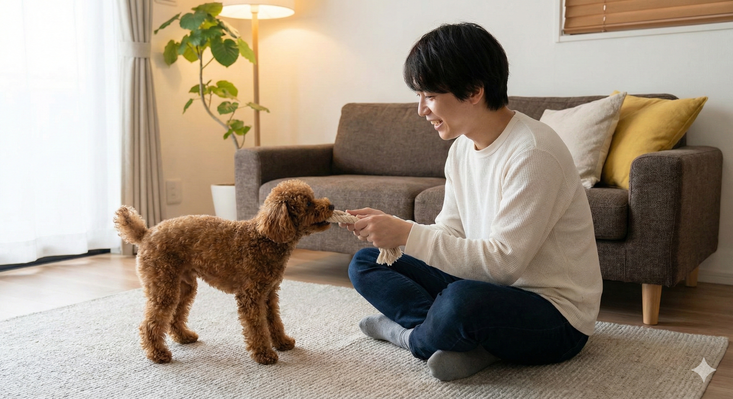 Dueño jugando con Caniche Toy, una de las mejores razas de perro para pisos debido a su inteligencia y limpieza.