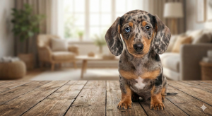 Cachorro de Teckel arlequín (dapple) con ojos de diferente color mirando a cámara en un salón.